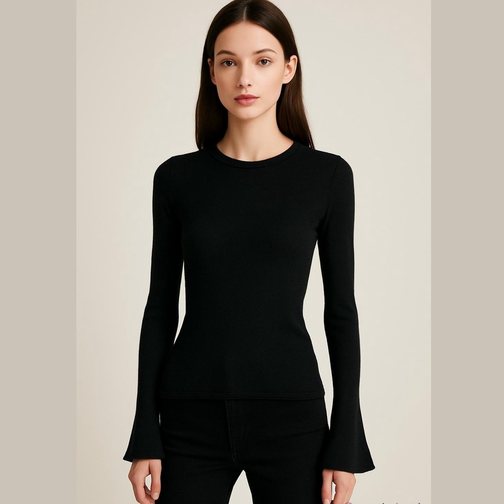 Betty Chow Los Angeles Tencel Wool Fine Gauge Black Flare Sleeve Sweater Size S